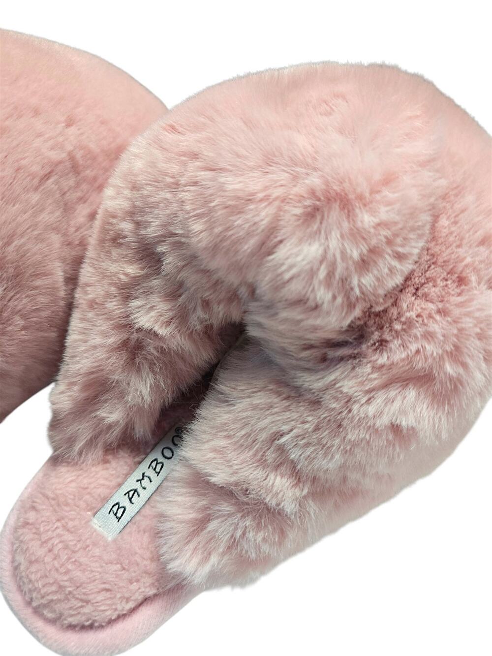 Bamboo Pink Fuzzy Faux Fur Slippers Womens S 5-6 Fluffy House Shoes NWT